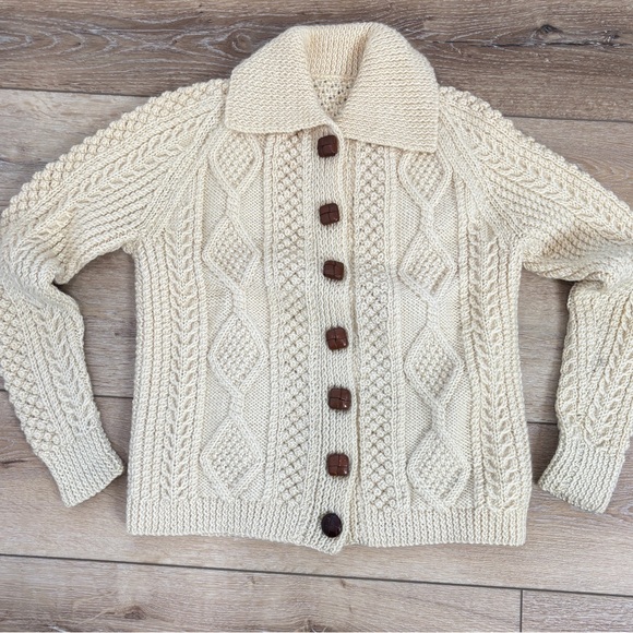 Handmade Sweaters - VTG Irish Aran Thick Chunky Cardigan Sweater Fisherman Cable-Knit Wool Handmade